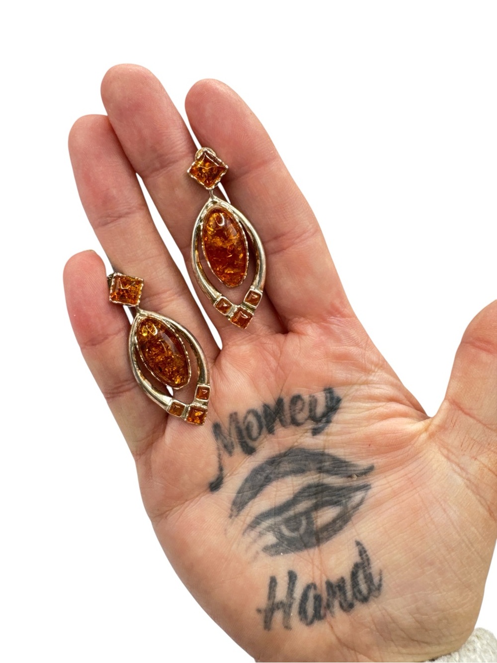 Vintage Modernist Sterling Silver Baltic Cognac Amber Dangle Earrings 2” - Picture 5 of 6